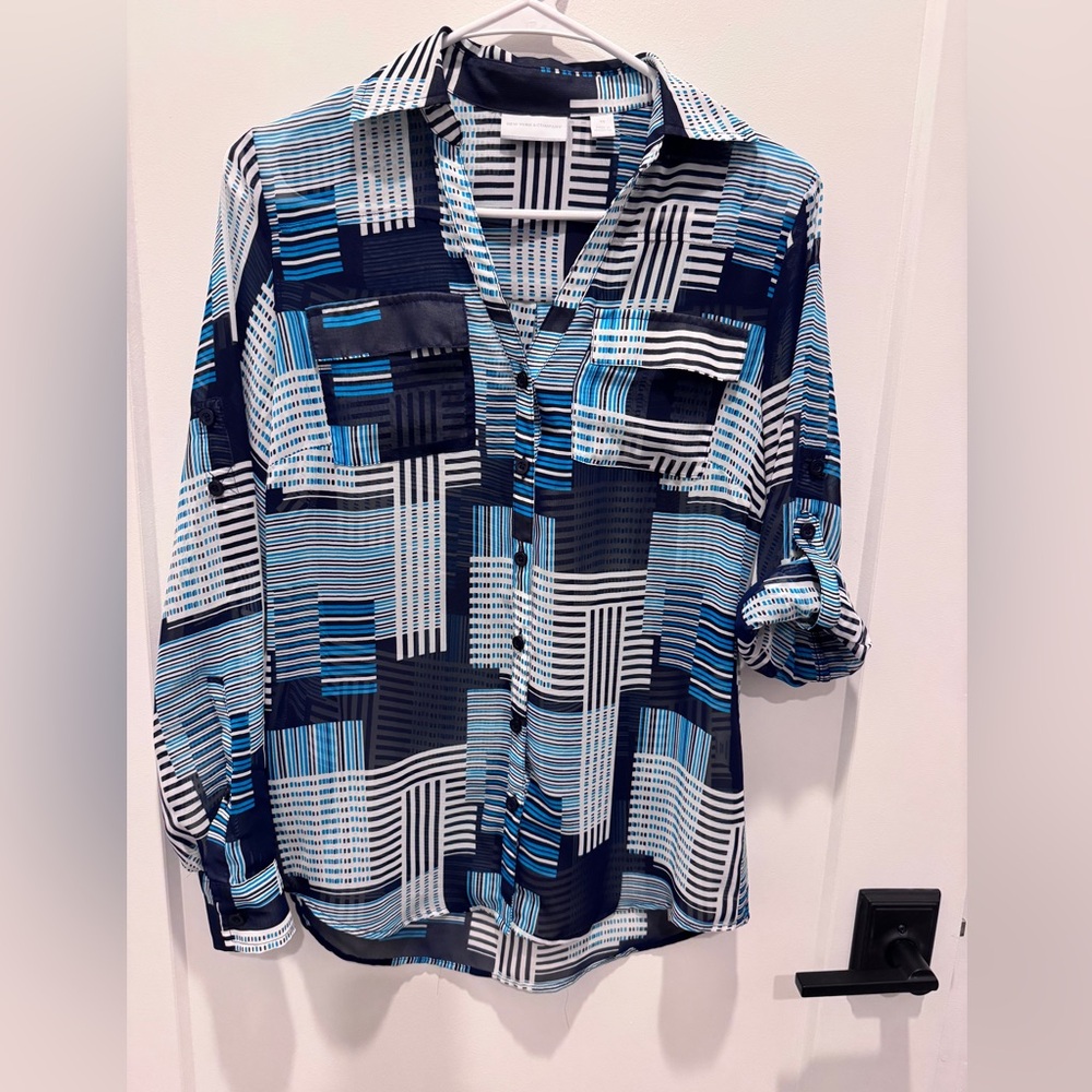 New York & Company Navy Teal and Light Blue Shirt